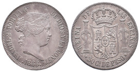 Philippinen, Isabella II. von Spanien 1833-1868, 50 Centimos 1868. 13,00 g. K/M 147. Vorzüglich