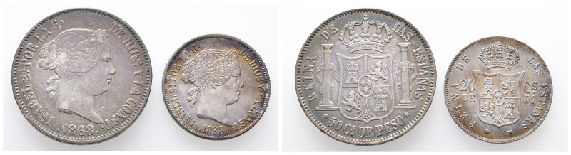 Philippinen, Isabella II. von Spanien 1833-1868, 20 und 50 Centimos 1868. 2 Stüc...