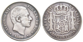 Philippinen, Alfonso XII. von Spanien 1874-1885, 50 Centimos 1880. 12,80 g. K/M 150. Hübsche Patina, Felder leicht bearbeitet, sehr schön