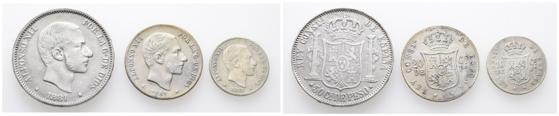 Philippinen, Alfonso XII. von Spanien 1874-1885, 10, 20 und 50 Centimos 1881. 3 ...