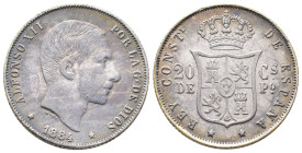 Philippinen, Alfonso XII. von Spanien 1874-1885, 20 Centimos 1884. 5,09 g. K/M 149. Hübsche Patina, kl. Randfehler, sehr schön
