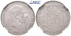 Philippinen, Alfonso XII. von Spanien 1874-1885, 50 Centimos 1885. K/M 150. Fast Stempelglanz
Im Plastikholder der NGC mit der Bewertung MS 64 (664369...