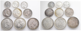 Philippinen, Alfonso XII. von Spanien 1874-1885, 10, 20 und 50 Centimos 1885. 9 Stück. K/M 148, 149 und 150. Meist vorzüglich