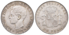 Philippinen, Alfonso XII. von Spanien 1874-1885, Peso 1897 SG V, Madrid. 24,91 g. K/M 154. Hübsche Patina, kl. Kratzer, vorzüglich