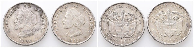 Kolumbien, 50 Centavos 1892. 2 Stück. K/M 187. Sehr schön