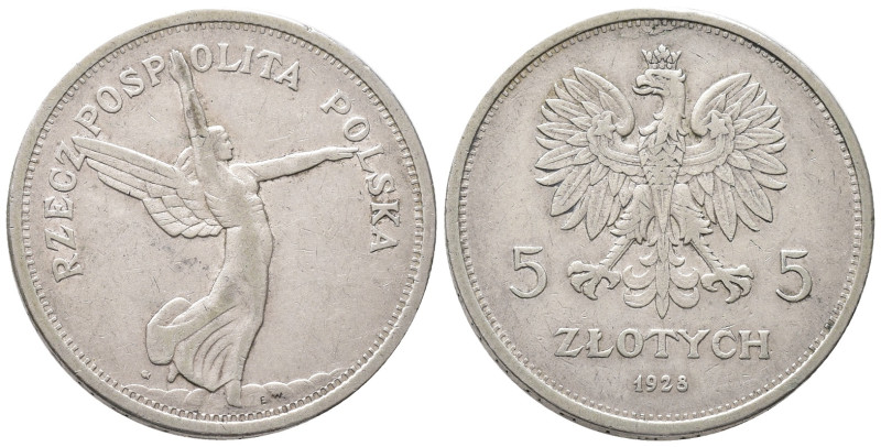 Polen, 5 Zlotych 1928. Nike. 17,96 g. K/M 18. Sehr schön