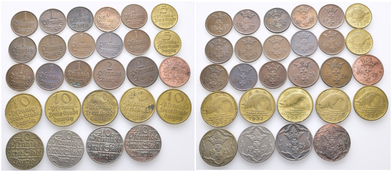 Danzig, freie Stadt, Konvolut von 1, 2, 5 und 10 Pfennig Stücken. 27 Stück. Sehr...