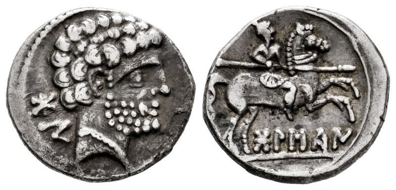 Bolskan. Denarius. 180-20 BC. Huesca. (Abh-1911). Anv.: Bearded head right, iber...