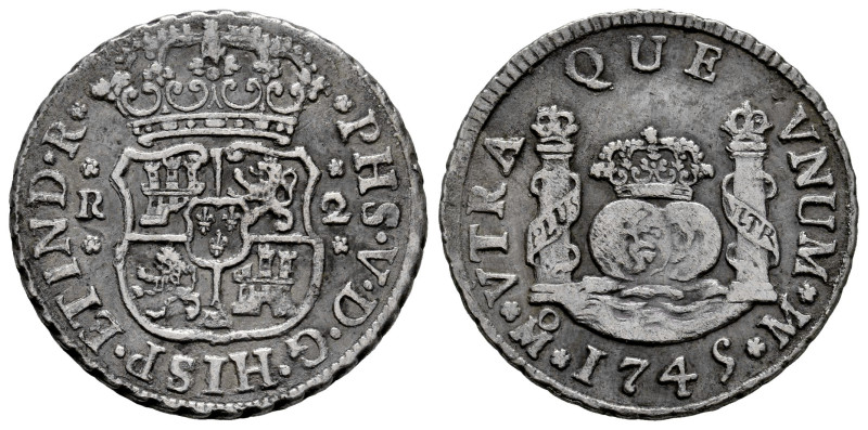 Philip V (1700-1746). 2 reales. 1745. Mexico. M. (Cal-833). Ag. 5,98 g. Choice V...