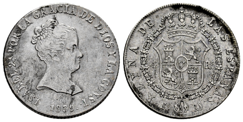 Elizabeth II (1833-1868). 4 reales. 1839. Sevilla. RD. (Cal-447). Ag. 6,08 g. Pl...