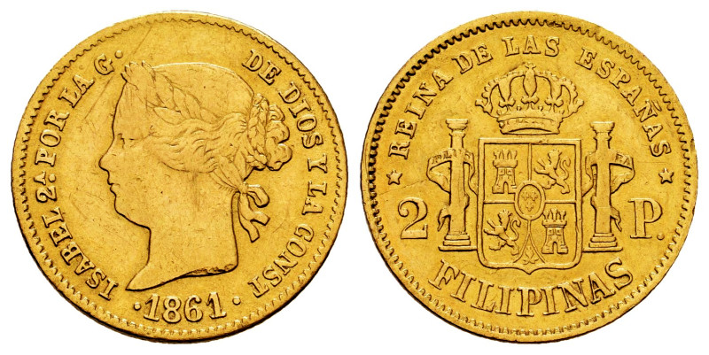 Elizabeth II (1833-1868). 2 pesos. 1861. Manila. (Cal-836). Au. 3,20 g. Hairline...