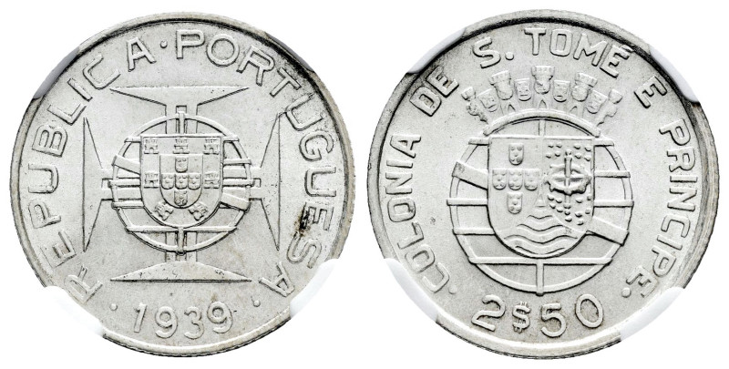 Santo Tome. 2,50 escudos. 1939. (Km-7). (Gomes-22.01). Ag. Rare in this conditio...