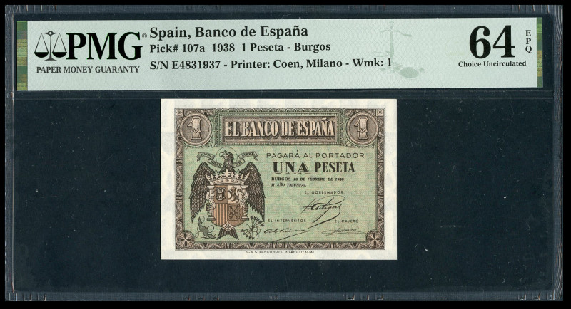 1 peseta. 1938. Burgos. (Ed-427a). (Pick-107a). February 28, shield of Spain. Se...