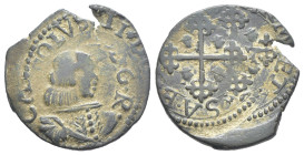 Cagliari - Carlo II di Spagna (1665-1700) - Cagliarese - Cu - 3,87 g - MIR 92 - la moneta presenta evidentissimi segni di una doppia battitura del con...