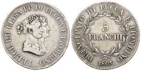 Lucca e Piombino - Elisa Bonaparte e Felice Baciocchi (1805-1814) - 5 Franchi 1805 - RARA - Ag - 24,47 g - Gigante 1

MB/BB

SPEDIZIONE SOLO IN IT...
