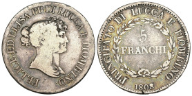 Lucca e Piombino - Elisa Bonaparte e Felice Baciocchi (1805-1814) - 5 Franchi 1808 - Gig. 5 - R - Ag - colpetti sul bordo - gr. 24,38

MB+

SPEDIZ...