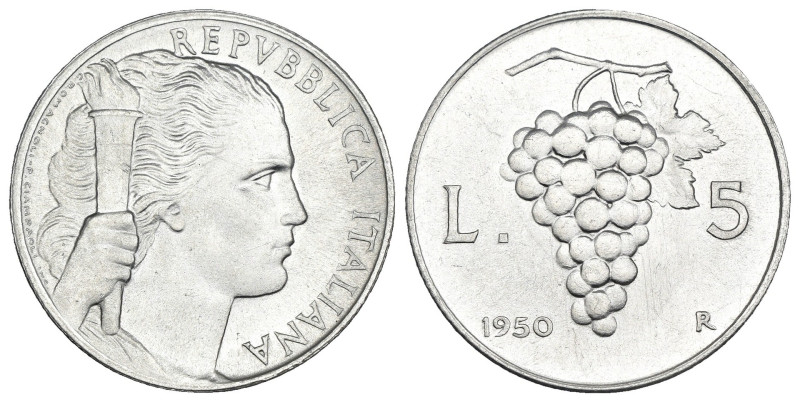 Monetazione in lire (1946-2001) 5 Lire Uva 1950 - Gigante 281 - Cartellino Gaude...