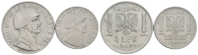 Regno d'Italia - Albania Italiana - Lotto n.2 Monete composto da: 1 Lek 1939 XVIII, R/ Mancanza del numero 1 nella data, mancanza di 2 stanghette nell...