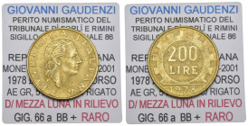 Repubblica Italiana - Monetazione in lire (1946-2001) 200 Lire Lavoro 1978 - D/mezza luna sotto il collo - RARA - Gigante 66a - Cartellino Gaudenzi BB...