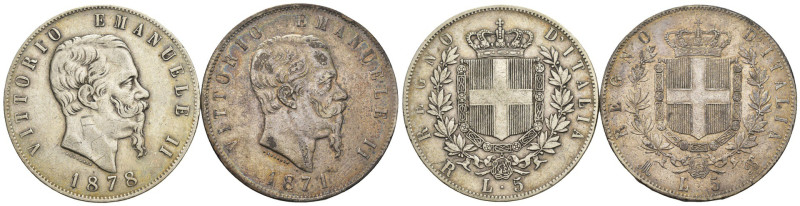 Vittorio Emanuele II (1861-1878) - Lotto di 2 monete da 5 Lire: 1871 Milano e 18...