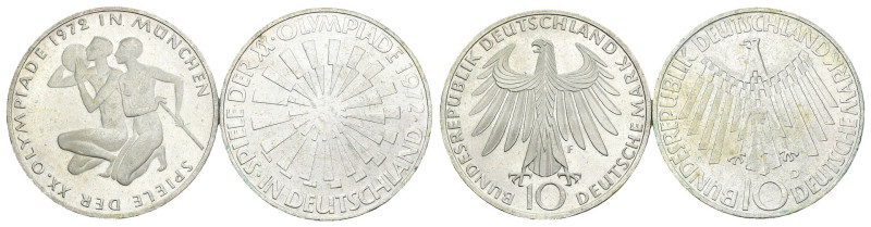 Germania - Lotto di 2 monete da 10 Marchi 1972 - tipologie e zecche varie - Ag
...