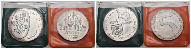 Israele - Lotto di 2 monete da 10 Lirot 1974 e 5 Lirot 1973 - Ag - in confezione...