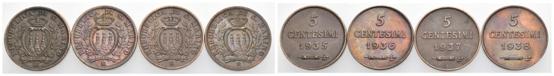 San Marino - Lotto di 4 monete da 5 Centesimi - 1935, 1936, 1937, 1938

SPEDIZ...