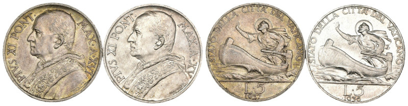 Città del Vaticano - Pio XI (1929-1938) - Lotto di 2 monete da 5 Lire 1936 e 193...