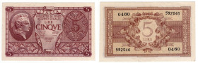 Regno d'Italia - Vittorio Emanuele III, Luogotenenza di Umberto - Biglietto di Stato da 5 Lire "Atena Elmata" - Gigante (Bugani) BS 14B - Leggere pieg...