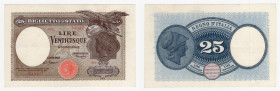 Regno d'Italia - Biglietto di Stato - 25 Lire "Aquila con bandiera Sabauda" - Contrassegni: Testina/Decreto - Firme: Maltese/Rossolini - Emissione: 27...