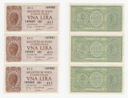 Regno d'Italia - Biglietto di Stato - Luogotenenza Umberto I - Lotto n.3 banconote - 1 Lira - Firme: Bolaffi/Cavallaro/Giovinco - Emissione: 23/11/194...