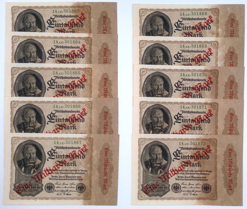 Germania - Repubblica di Weimar (1918-1933) - Lotto di 10 banconote da 1.000.000...