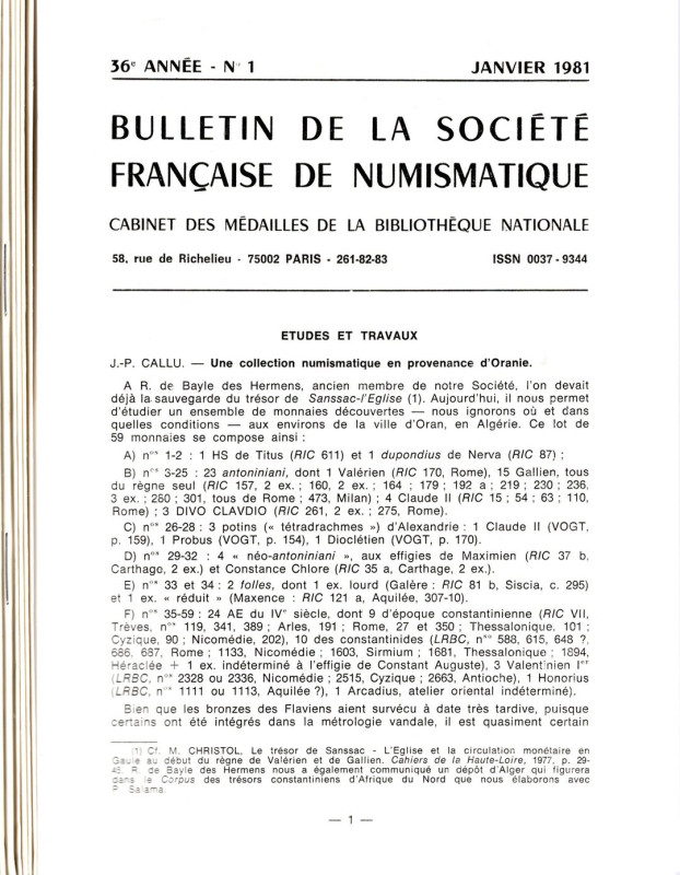 BULLETIN de la SOCIETE FRANCAISE de NUMISMATQUE. 1981, 10 fascicoli. Completo br...