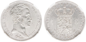 Koninkrijk NL Willem I (1815-1840) - 1 Gulden 1824 U (Sch. 264a) - NGC UNC DETAILS, dash between crown and shield, cleaned