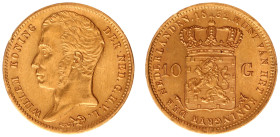 Koninkrijk NL Willem I (1815-1840) - 10 Gulden 1832 (Sch. 185) - Gold - a.XF, curious traces of stripe pattern in coat of arms on portrait side