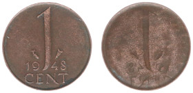 Misslagen en afwijkingen Koninkrijk NL - 1 Cent 1948 - misstrike: incuse reverse in stead of obverse - VF