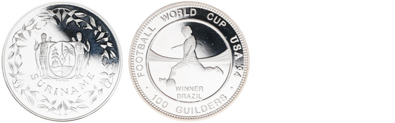 Overzeese Gebiedsdelen - Suriname - 100 Gulden 1994 'FOOTBALL WORLD CUP '94' wit...