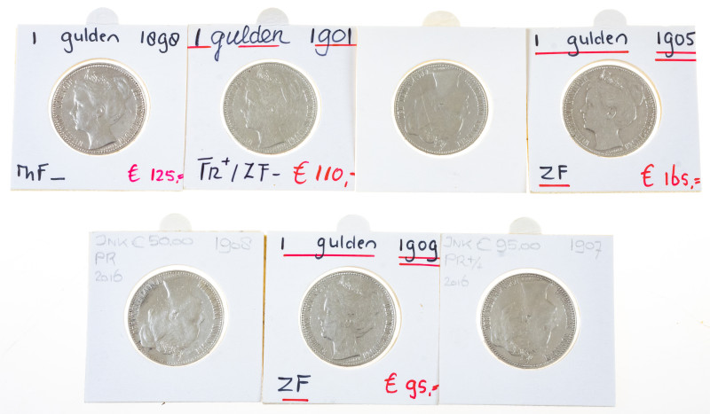 Coins Netherlands in boxes - Box with Wilhelmina Guldens 1898-1901-1904-1905-190...