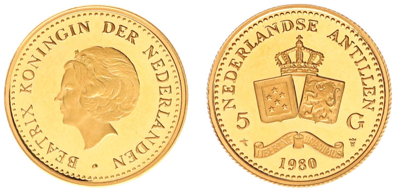 Gold coins - mail bid sale - Netherlands Antilles - 5 Gulden 1980 - Gold - Proof...