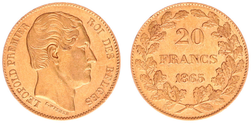 Gold coins - mail bid sale - Belgium - 20 Francs 1865 (KM23, Fr.411) - L. WIENER...