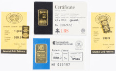 Gold medals - mail bid sale - Miscellaneous - 4 gold bars: Swiss Kantonalbank 5 gram, UBS 2,5 gram & Istalbul Gold Refinery 2x 1 gram - all .999 - Pro...