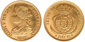 Gold medals - mail bid sale - Miscellaneous - Spain - coinlike medal '100 reales 1827' - Obv. Bust Isabel 2a left / Rev. Crowned coat of arms, value b...