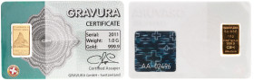 Gold medals - mail bid sale - Miscellaneous - Small gold bar 1 Gr. 999,9 from ''Gravura'' Switzerland 2011 in blister