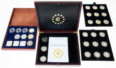 Medals in boxes - Miscellaneous - Wooden cassette 'Eerste slag van de Euro-landen' containing 21 partly gilt silver .999 medals - added 5 other medals