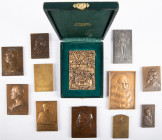 Medals in boxes - Miscellaneous - Lot of 12 rectangular plaquettes, France, Belgium a.o., incl. Charles Graux 1907, Hector Denis 1912, Jehan Calvini, ...