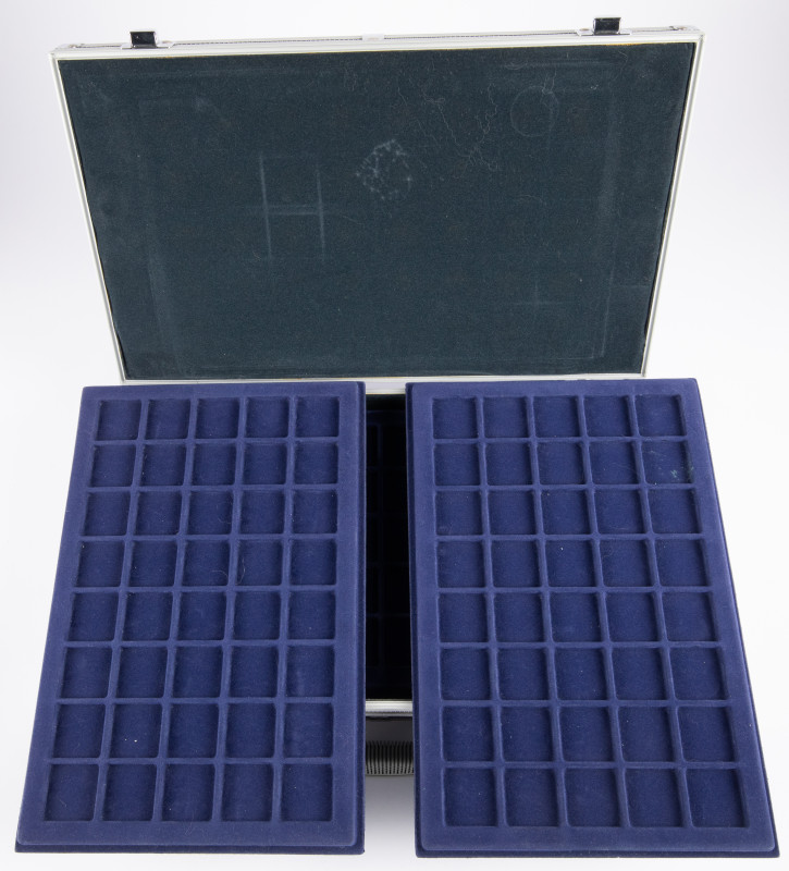 Coin supplies - An aluminium coin case (Leuchtturm) with 6 blue trays for 40 coi...