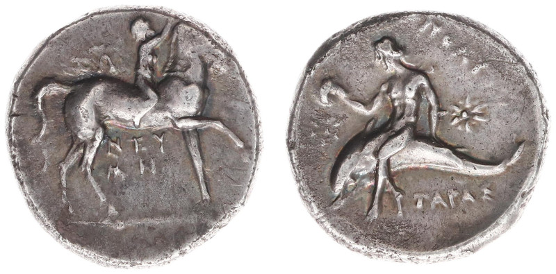 Italy - Calabria - Tarentum - AR Nomos (c. 280-272 BC, 6.48g) - Nude youth on ho...