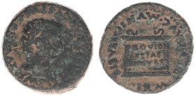 Spain / Italica - AE As (14.17g) - TI CAESAR AVGVSTVS PONT MAX IMP Bare head right / MVNIC ITALIC PERM DIVI AVG Altar inscribed PROVIDENTIAE AVGVSTI i...