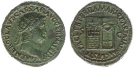 AE Dupondius (Rome c. AD 66, 11.24g) - IMP NERO CLAVD CAESAR AVG GER P M TR P P P Radiate head right / PACE P R TERRA MARIQ PARTA IANVM CLVSIT View of...