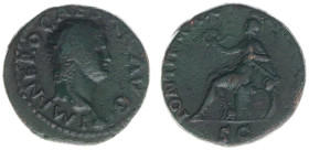 AE Semis (Lugdunum AD 66, 5.52g) - IMP NERO CAESAR AVG Bare head right, globe at point of bust / PONTIF MAX TR POT P P Roma seated to left on cuirass,...